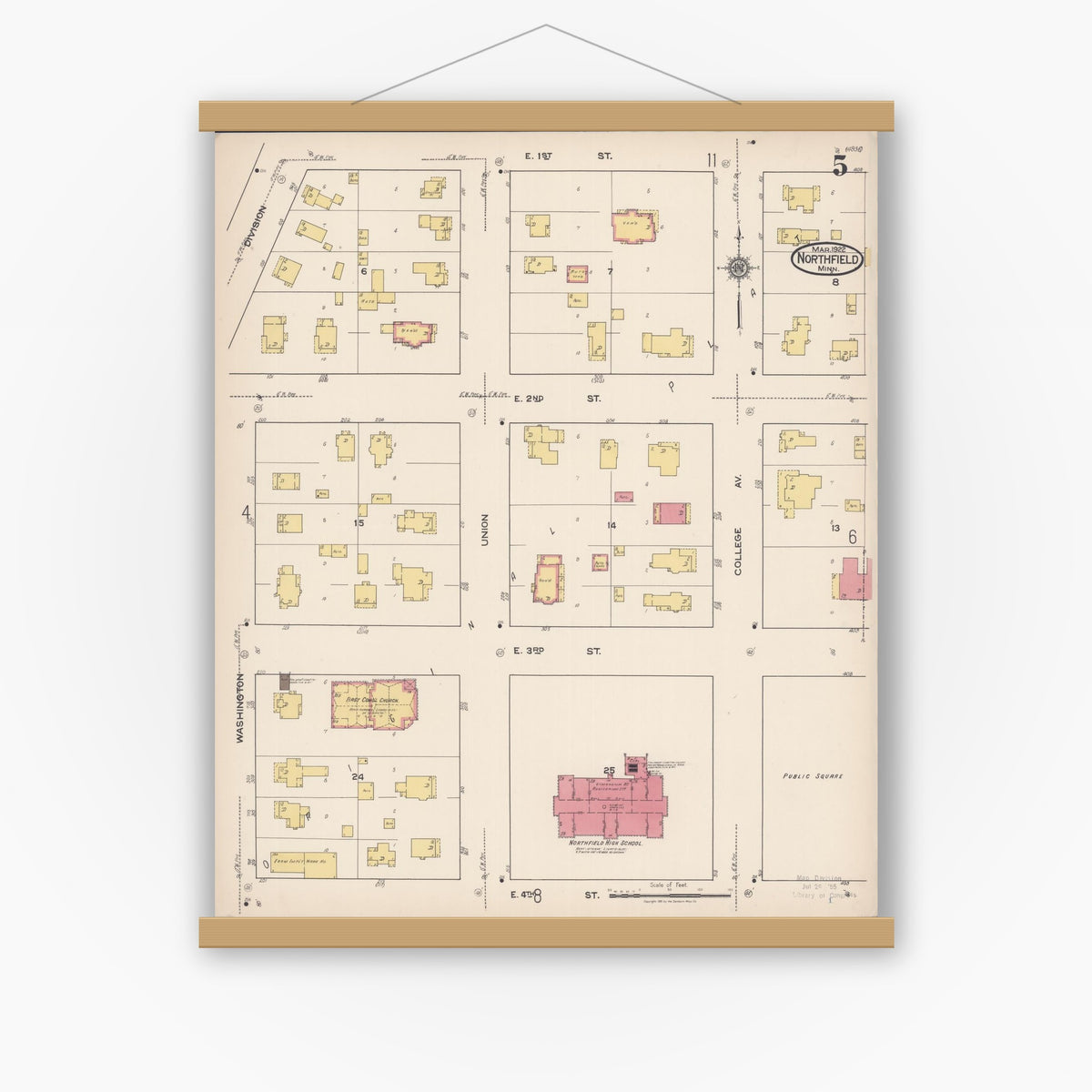 Old map wall art mockup — magnetic wood frame on white wall — Sanborn Fire Insurance Map from Northfield, Rice County, Minnesota (1922), Sheet #0005