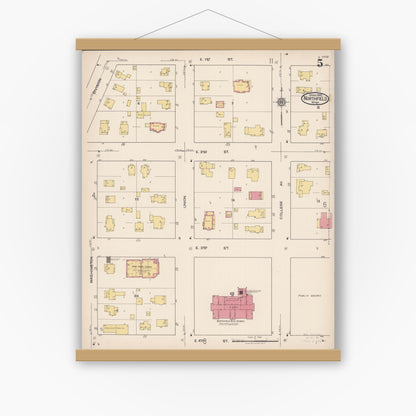 Old map wall art mockup — magnetic wood frame on white wall — Sanborn Fire Insurance Map from Northfield, Rice County, Minnesota (1922), Sheet #0005