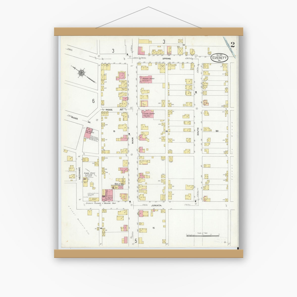 Old map wall art mockup — magnetic wood frame on white wall — Sanborn Fire Insurance Map from Everett, Bedford County, Pennsylvania (1910), Sheet #0002