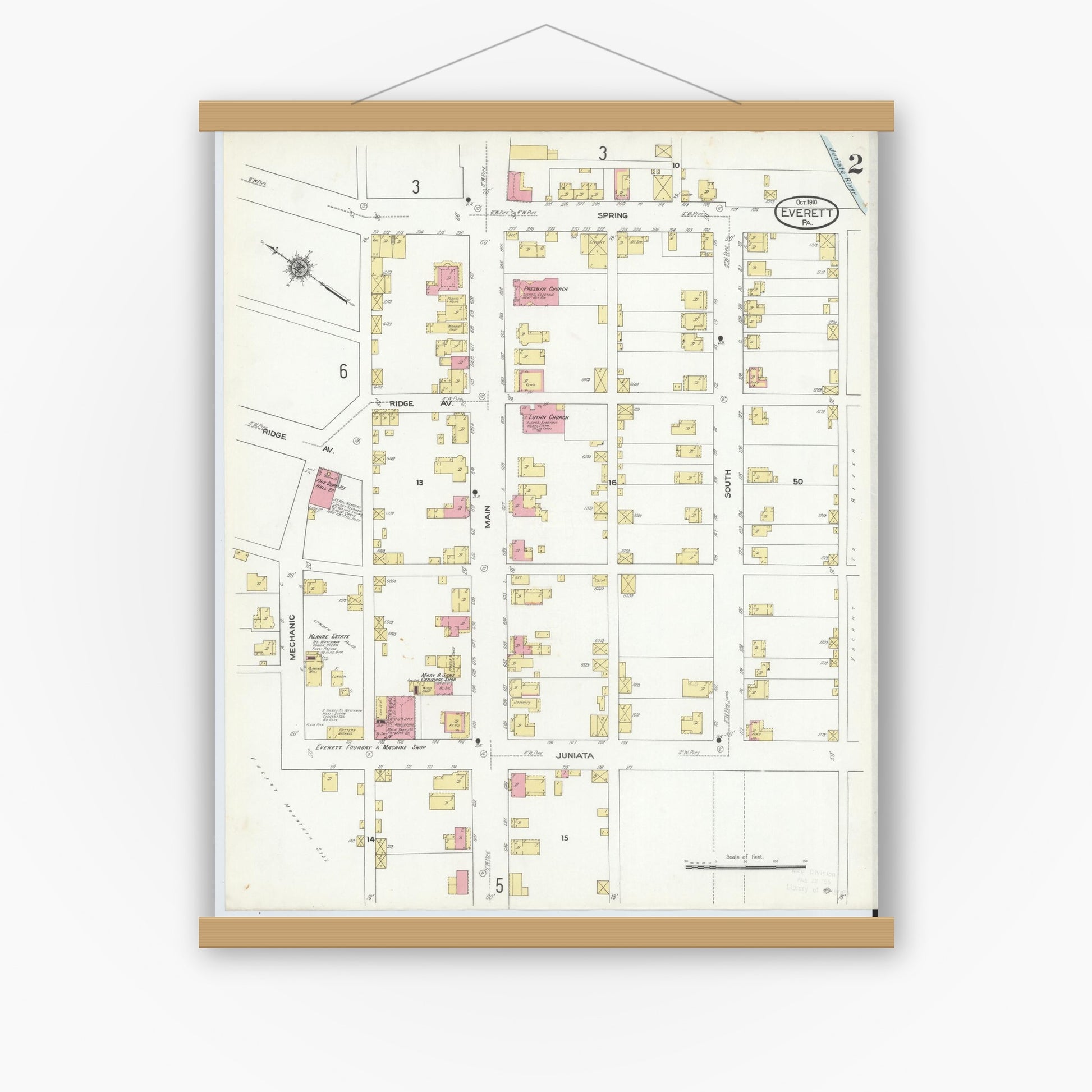 Old map wall art mockup — magnetic wood frame on white wall — Sanborn Fire Insurance Map from Everett, Bedford County, Pennsylvania (1910), Sheet #0002