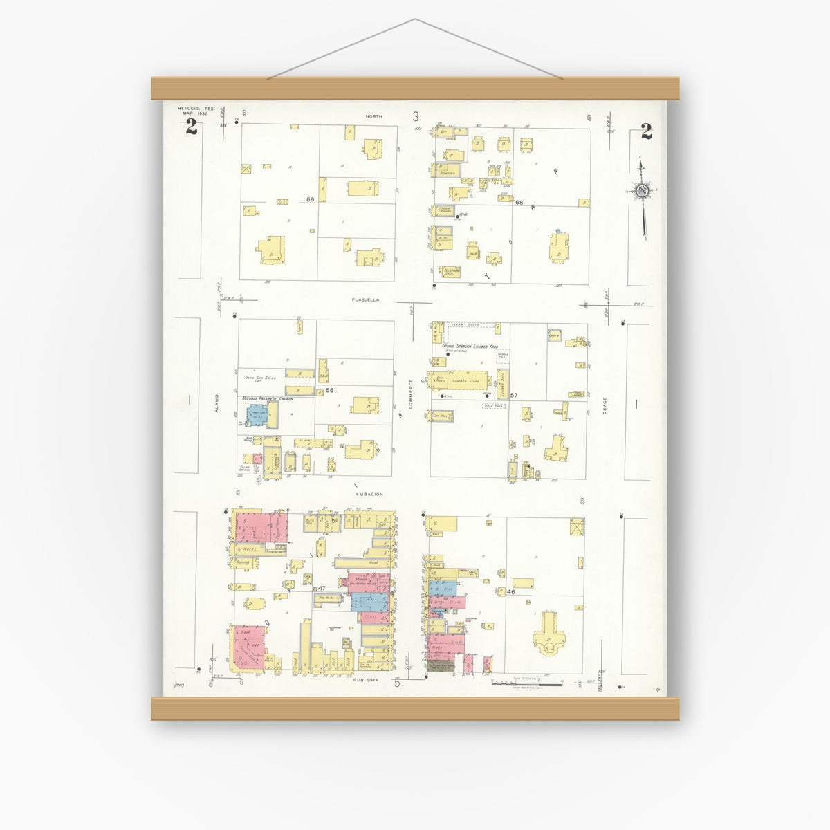 Old map wall art mockup — magnetic wood frame on white wall — Sanborn Fire Insurance Map from Refugio, Refugio County, Texas (1935), Sheet #0002