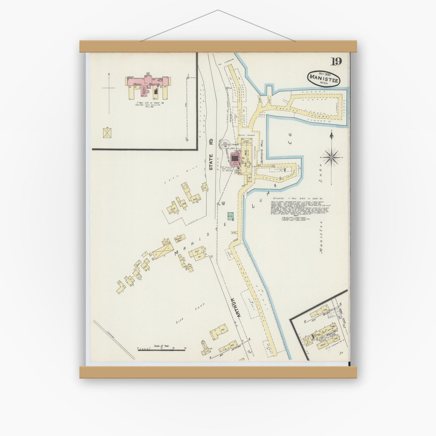 Old map wall art mockup — magnetic wood frame on white wall — Sanborn Fire Insurance Map from Manistee, Manistee County, Michigan (1890), Sheet #0019