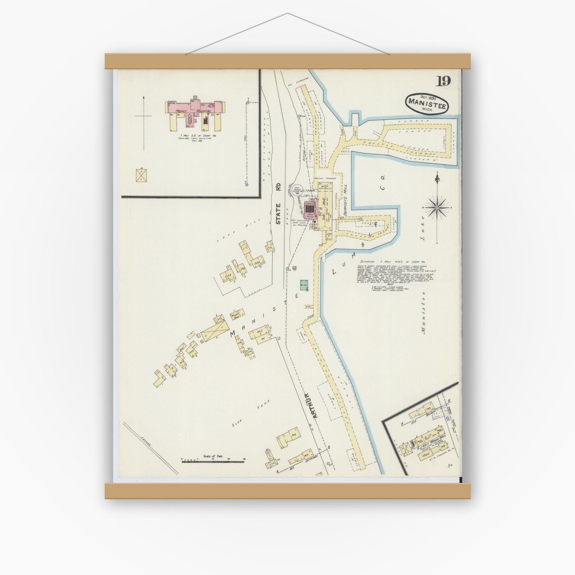 Old map wall art mockup — magnetic wood frame on white wall — Sanborn Fire Insurance Map from Manistee, Manistee County, Michigan (1890), Sheet #0019