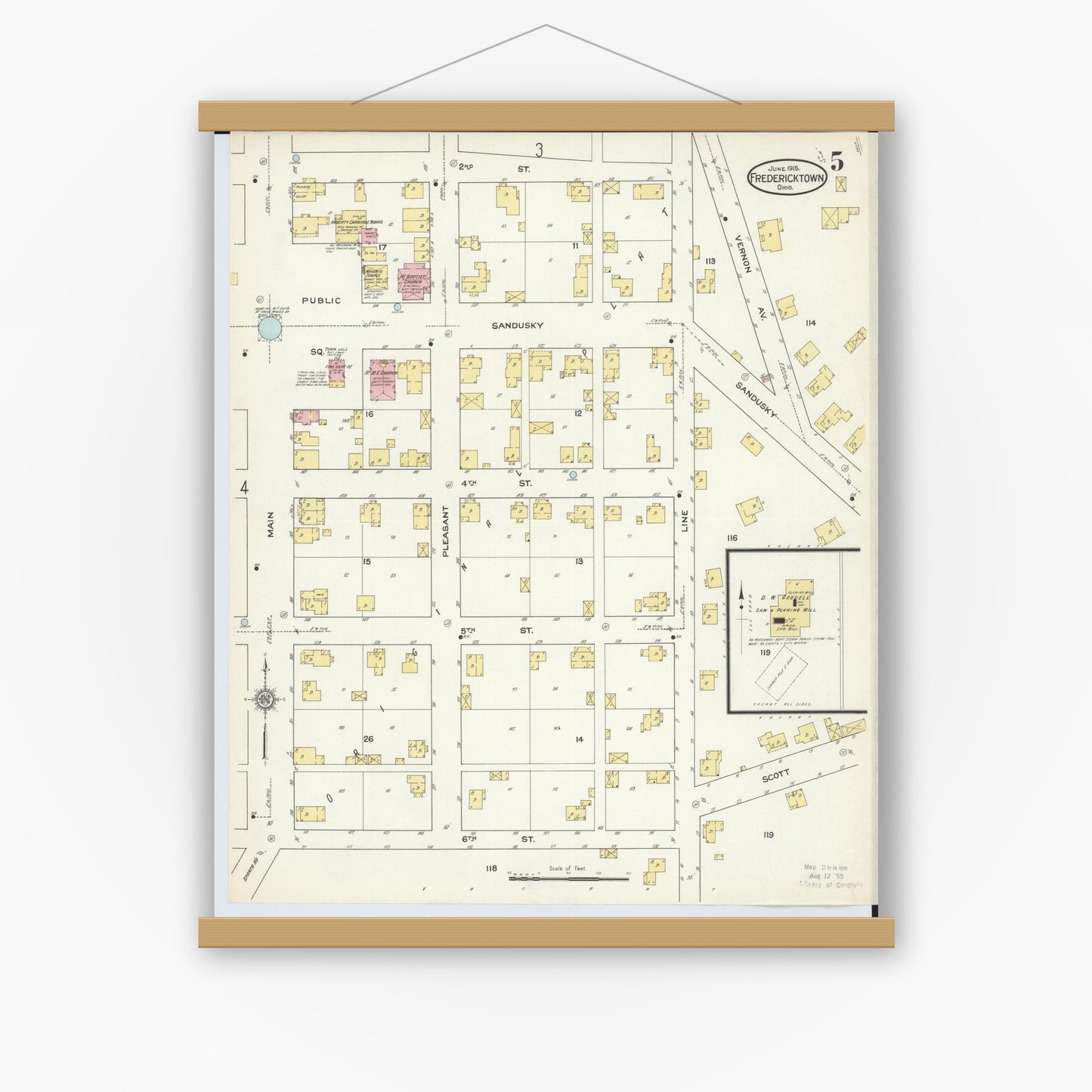 Old map wall art mockup — magnetic wood frame on white wall — Sanborn Fire Insurance Map from Fredericktown, Knox County, Ohio (1915), Sheet #0005