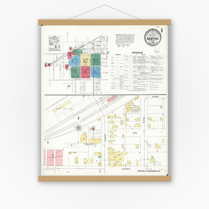 Old map wall art mockup — magnetic wood frame on white wall — Sanborn Fire Insurance Map from Newton, Jasper County, Iowa (1906) â€” Complete Set