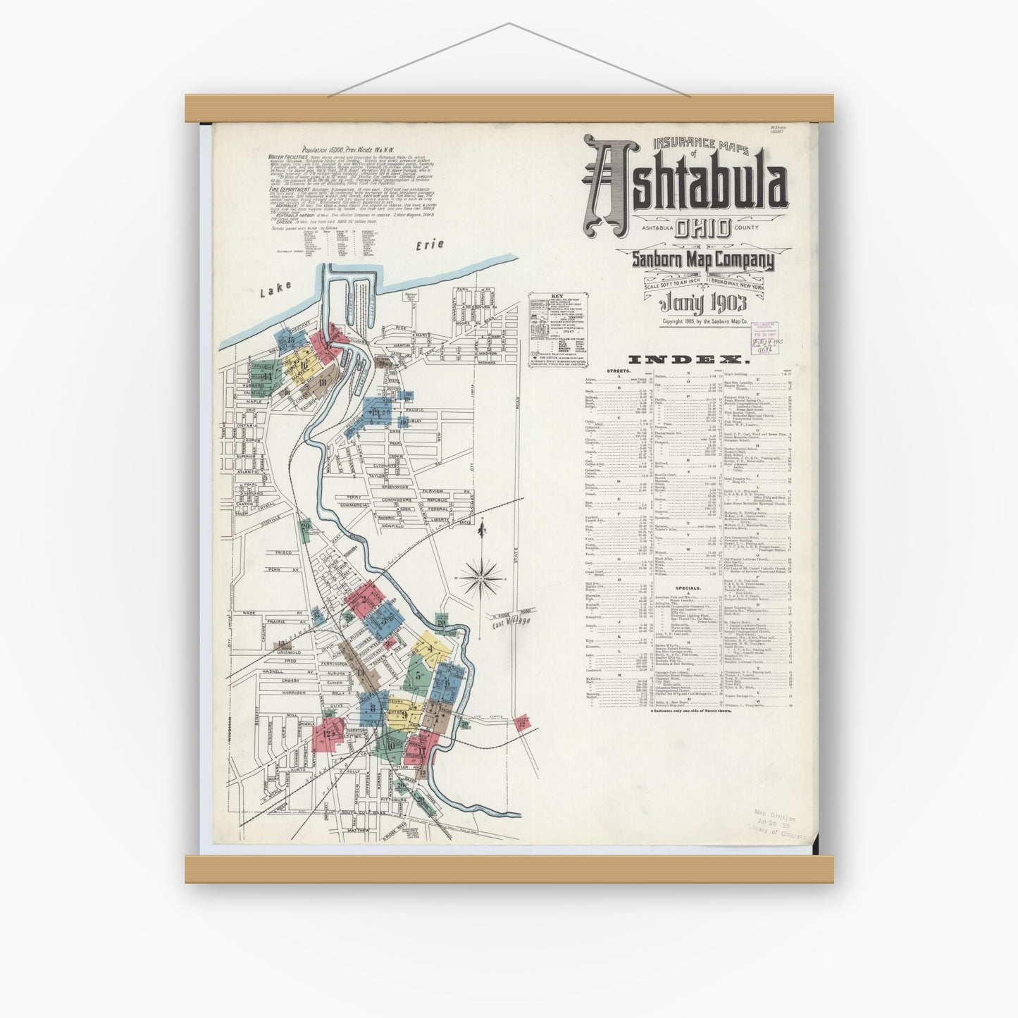 Old map wall art mockup — magnetic wood frame on white wall — Sanborn Fire Insurance Map from Ashtabula, Ashtabula County, Ohio (1903) - Complete Map Set