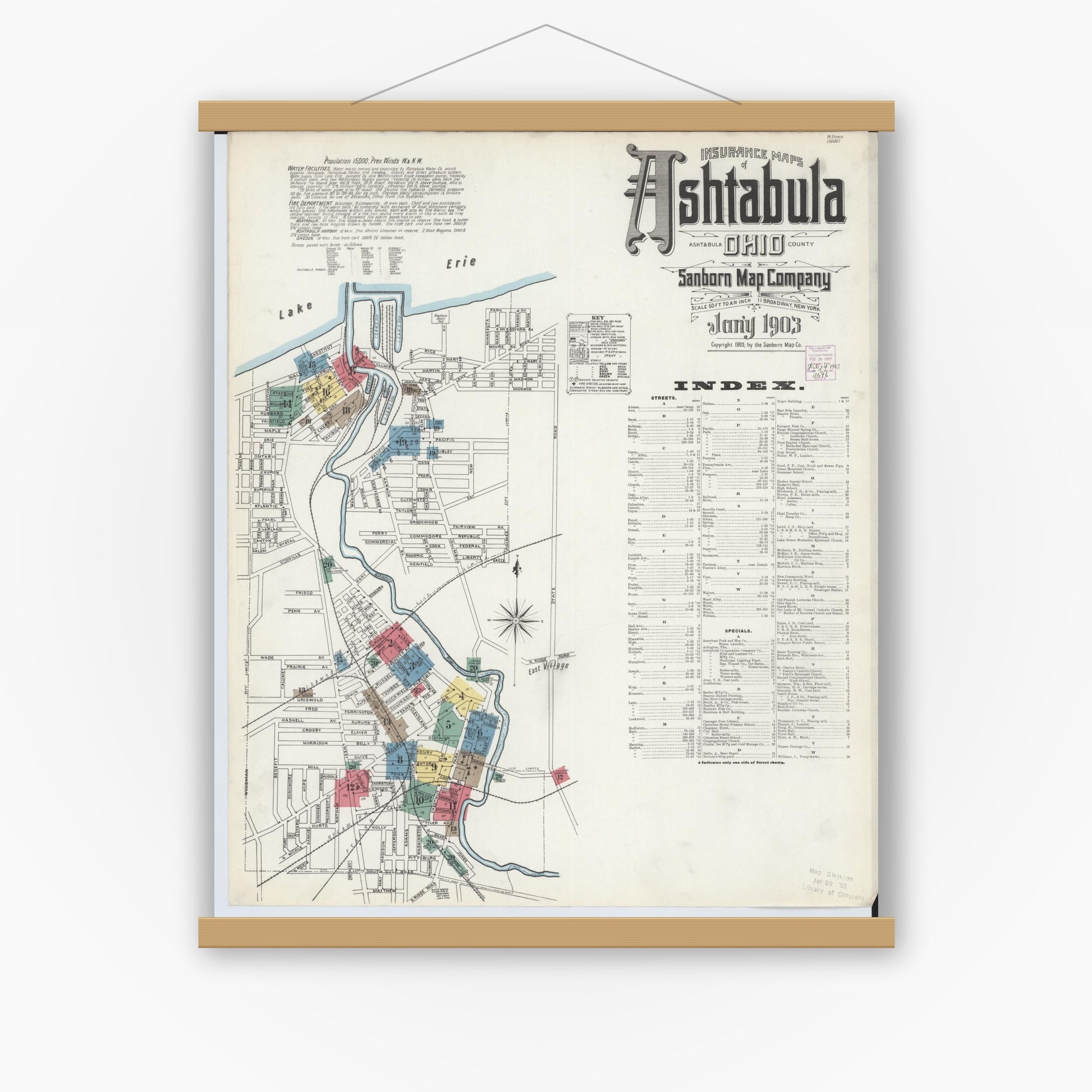 Old map wall art mockup — magnetic wood frame on white wall — Sanborn Fire Insurance Map from Ashtabula, Ashtabula County, Ohio (1903) - Complete Map Set