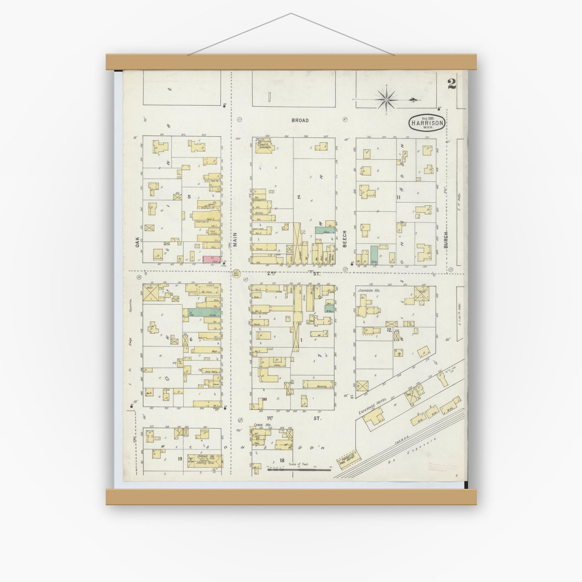 Old map wall art mockup — magnetic wood frame on white wall — Sanborn Fire Insurance Map from Harrison, Clare County, Michigan (1895), Sheet #0002