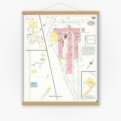 Old map wall art mockup — magnetic wood frame on white wall — Sanborn Fire Insurance Map from Ottumwa, Wapello County, Iowa (1909), Sheet #0039