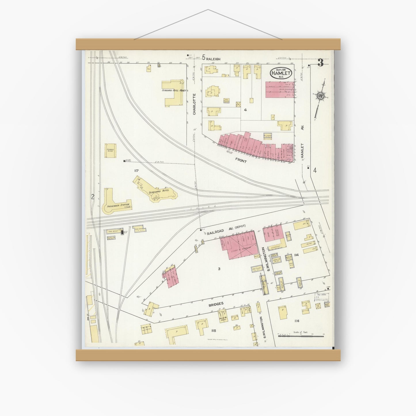 Old map wall art mockup — magnetic wood frame on white wall — Sanborn Fire Insurance Map from Hamlet, Richmond County, North Carolina (1916), Sheet #0003