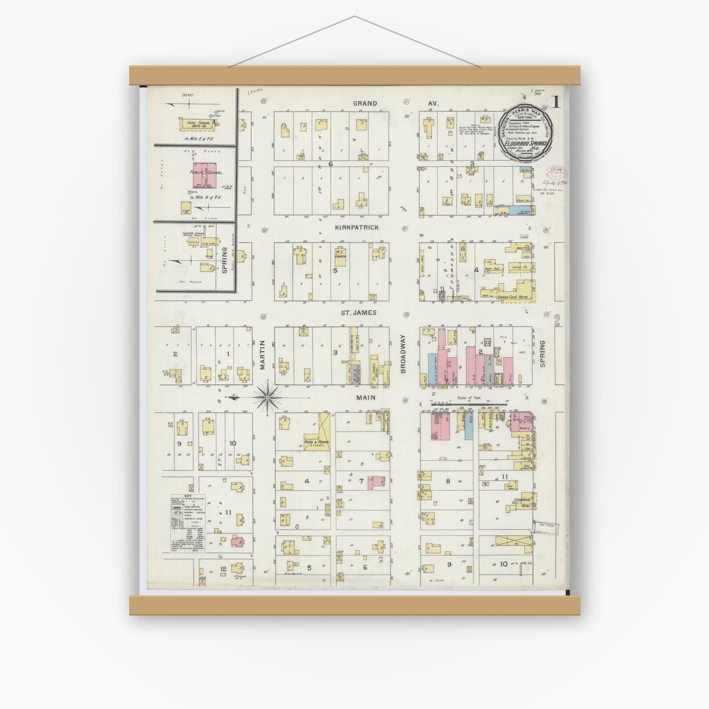 Old map wall art mockup — magnetic wood frame on white wall — Sanborn Fire Insurance Map from Eldorado Springs, Cedar County, Missouri (1894) - Complete Map Set