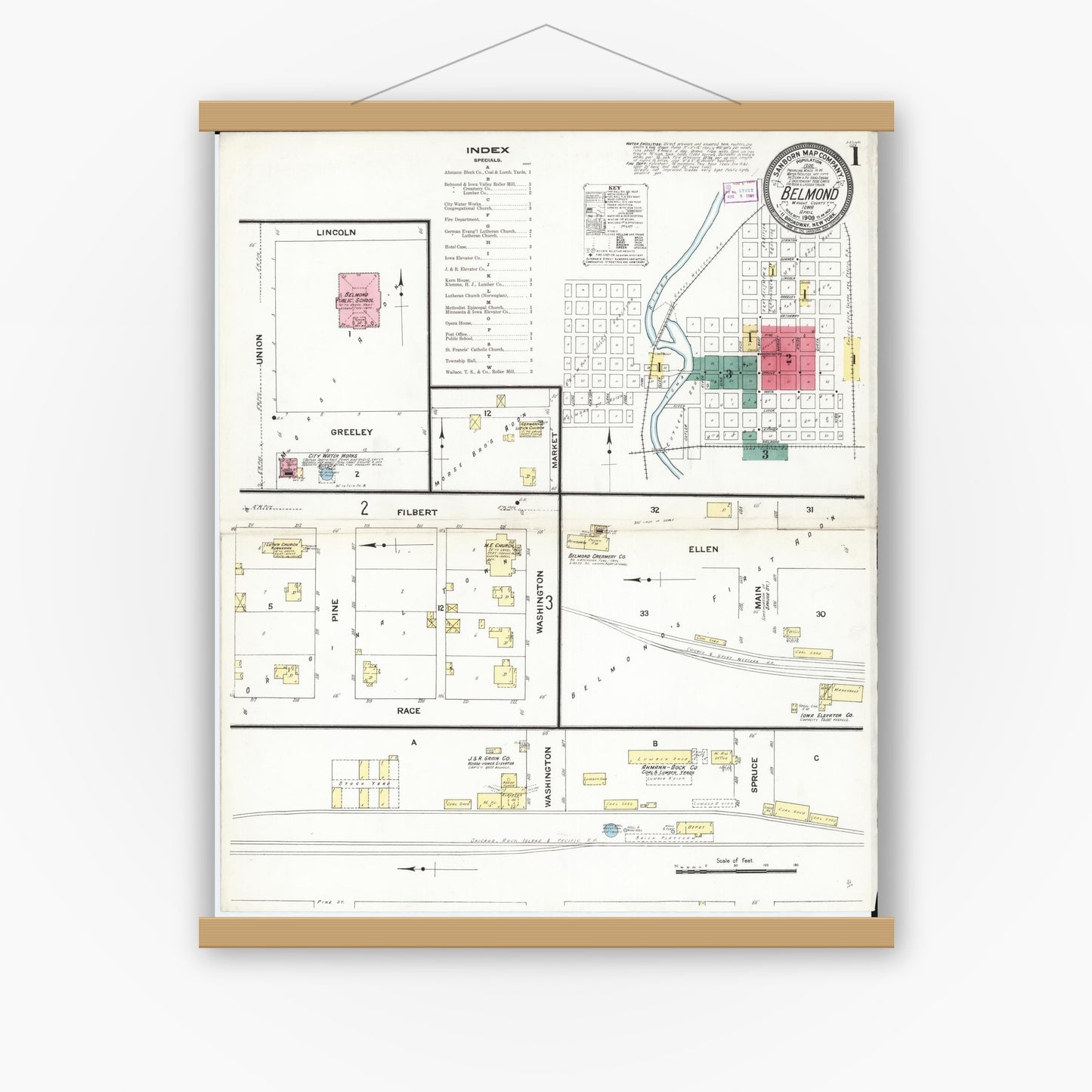 Old map wall art mockup — magnetic wood frame on white wall — Sanborn Fire Insurance Map from Belmond, Wright County, Iowa (1909), Sheet #0001