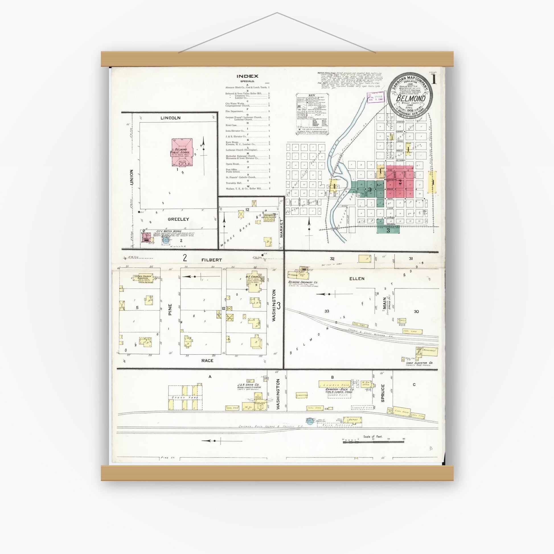 Old map wall art mockup — magnetic wood frame on white wall — Sanborn Fire Insurance Map from Belmond, Wright County, Iowa (1909), Sheet #0001