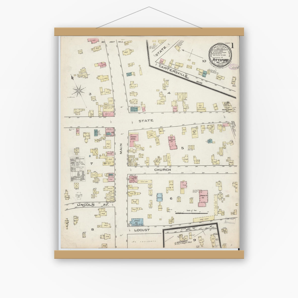 Old map wall art mockup — magnetic wood frame on white wall — Sanborn Fire Insurance Map from Pittsford, Monroe County, New York (1885), Sheet #0001