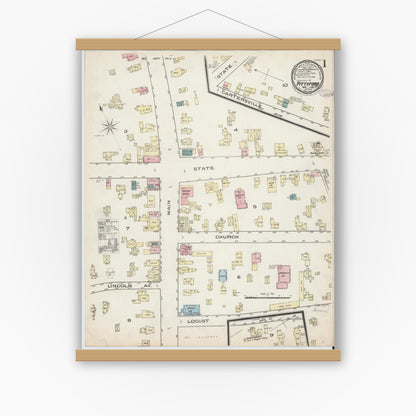 Old map wall art mockup — magnetic wood frame on white wall — Sanborn Fire Insurance Map from Pittsford, Monroe County, New York (1885), Sheet #0001