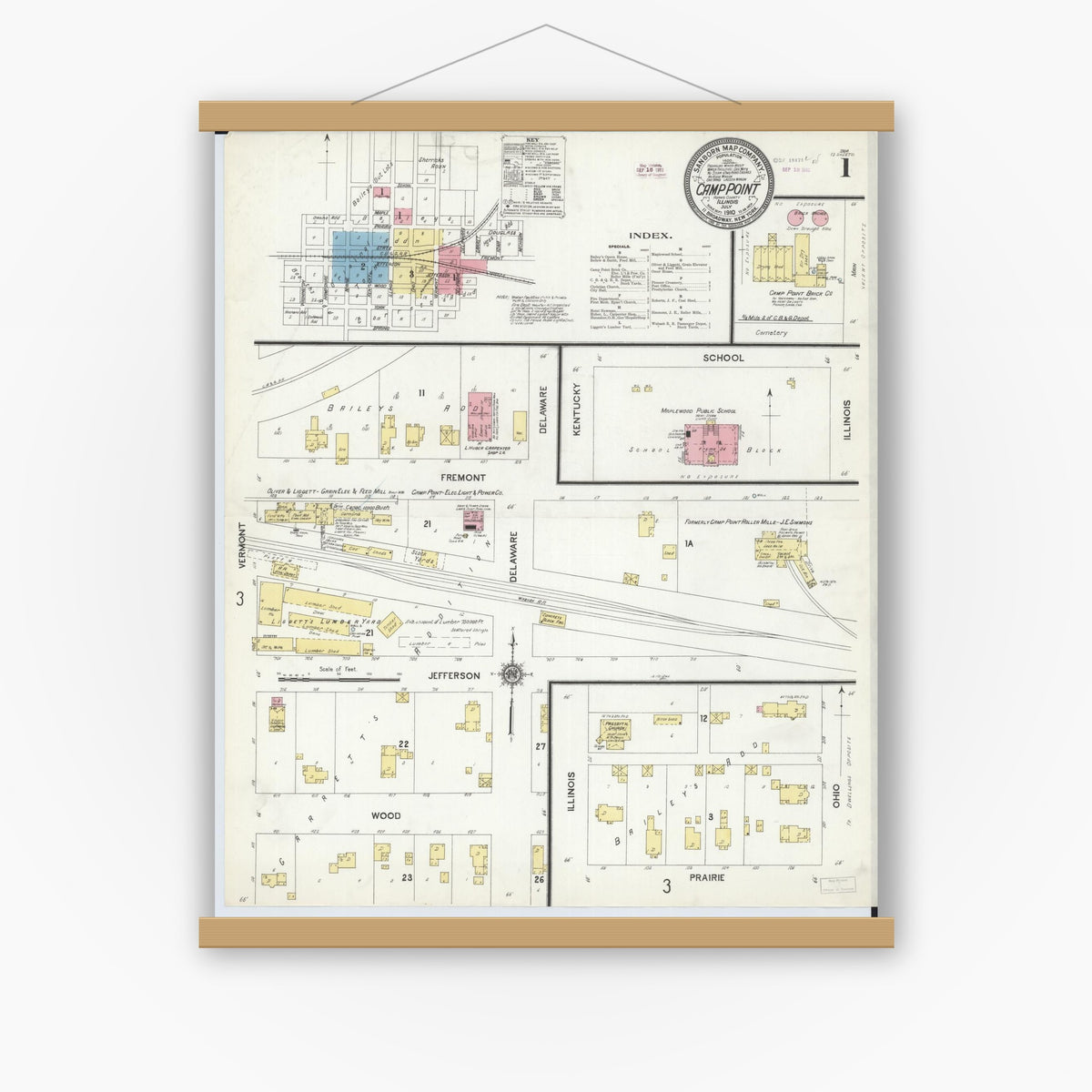 Old map wall art mockup — magnetic wood frame on white wall — Sanborn Fire Insurance Map from Camp Point, Adams County, Illinois (1910) - Complete Map Set