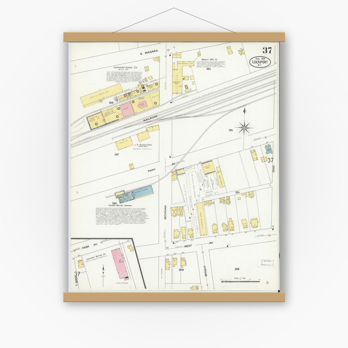 Old map wall art mockup — magnetic wood frame on white wall — Sanborn Fire Insurance Map from Lockport, Niagara County, New York (1909), Sheet #0037