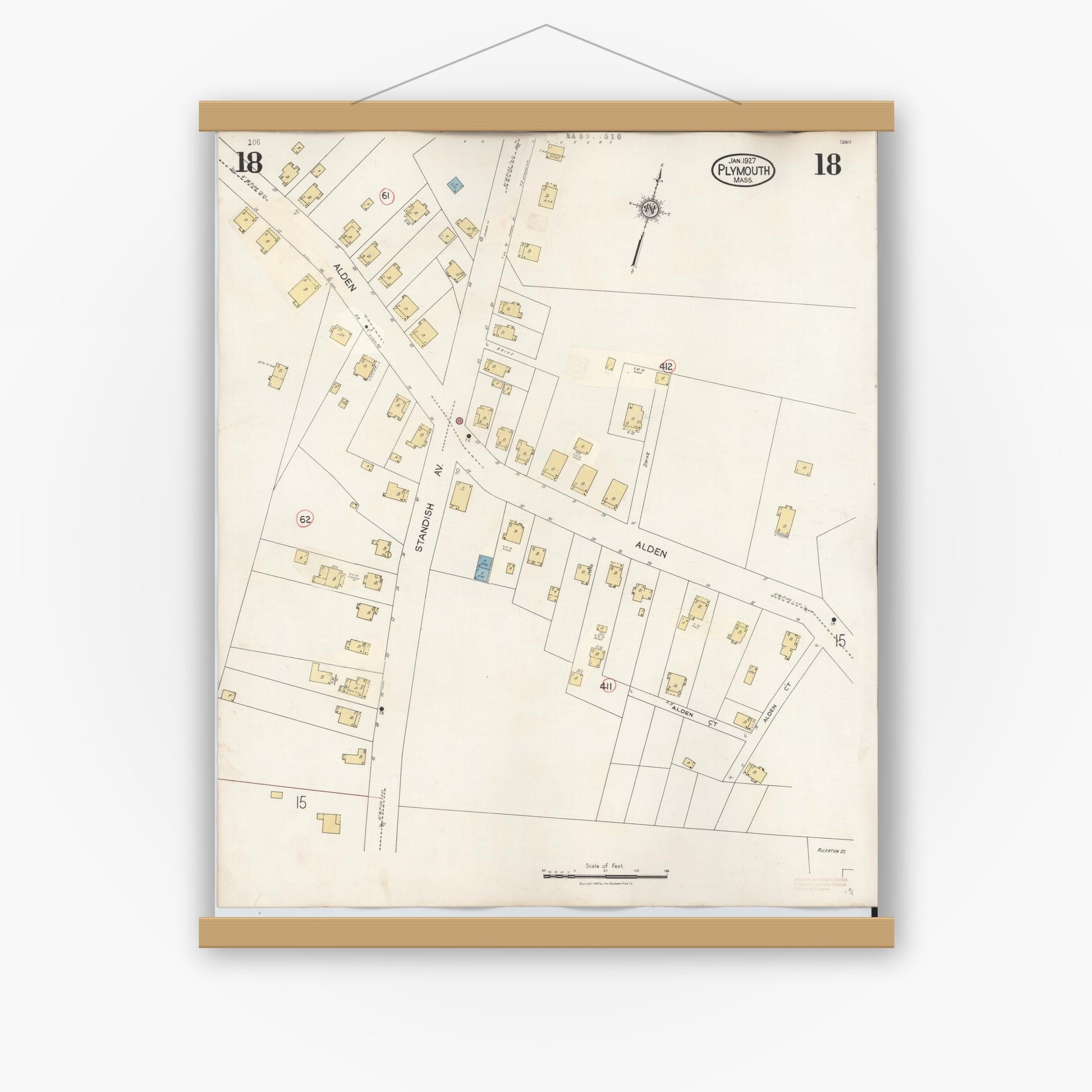 Old map wall art mockup — magnetic wood frame on white wall — Sanborn Fire Insurance Map from Plymouth, Plymouth County, Massachusetts (1948), Sheet #0018