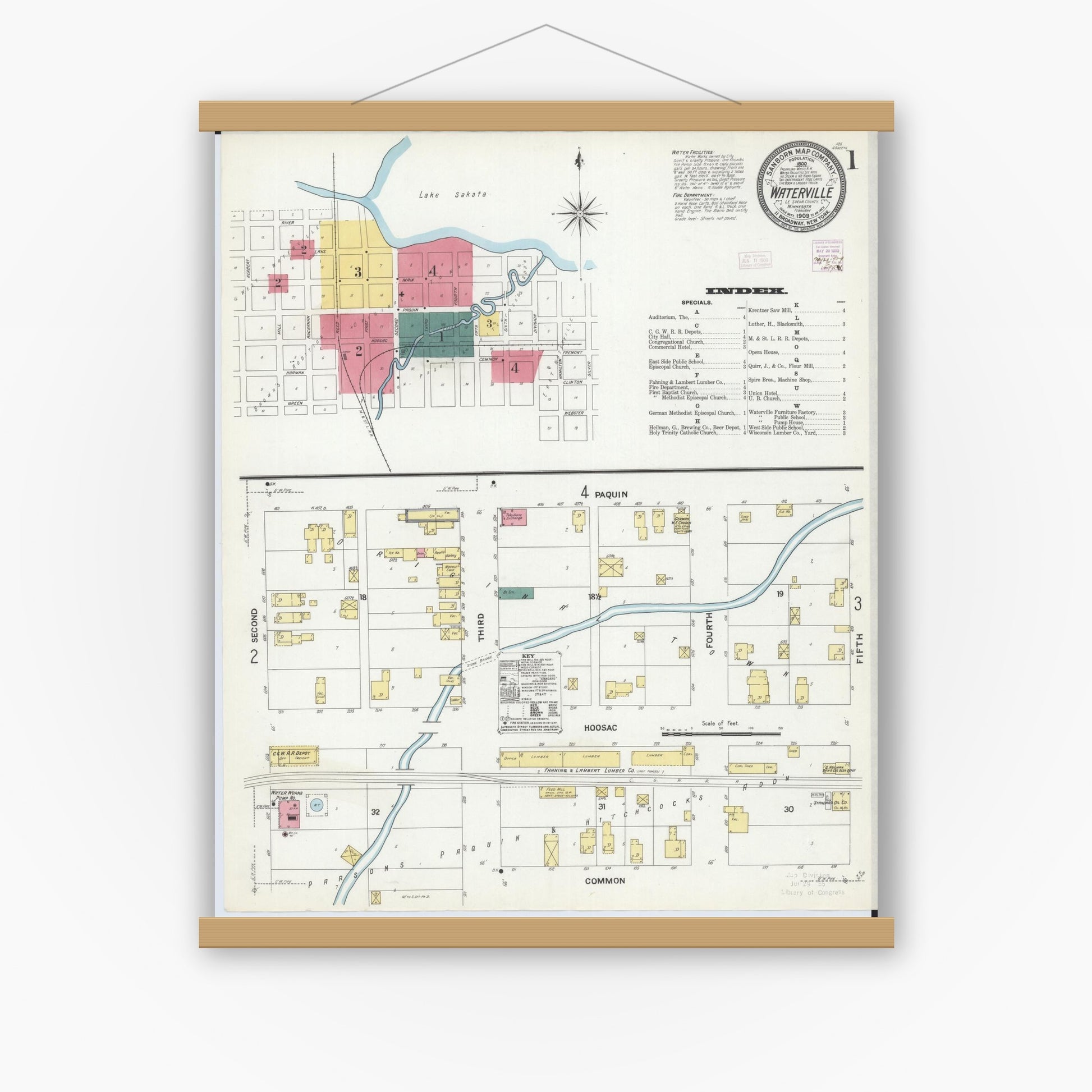 Old map wall art mockup — magnetic wood frame on white wall — Sanborn Fire Insurance Map from Waterville, Le Sueur County, Minnesota (1909) - Complete Map Set