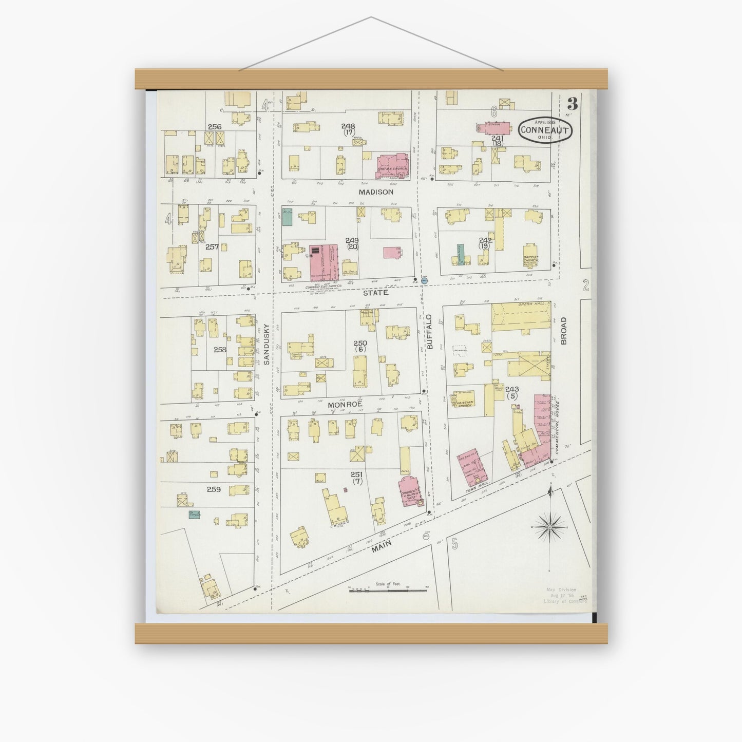 Old map wall art mockup — magnetic wood frame on white wall — Sanborn Fire Insurance Map from Conneaut, Ashtabula County, Ohio (1893), Sheet #0003
