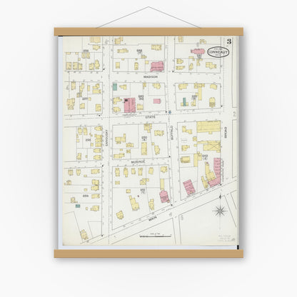 Old map wall art mockup — magnetic wood frame on white wall — Sanborn Fire Insurance Map from Conneaut, Ashtabula County, Ohio (1893), Sheet #0003