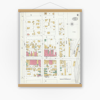 Old map wall art mockup — magnetic wood frame on white wall — Sanborn Fire Insurance Map from Waseca, Waseca County, Minnesota (1899), Sheet #0002