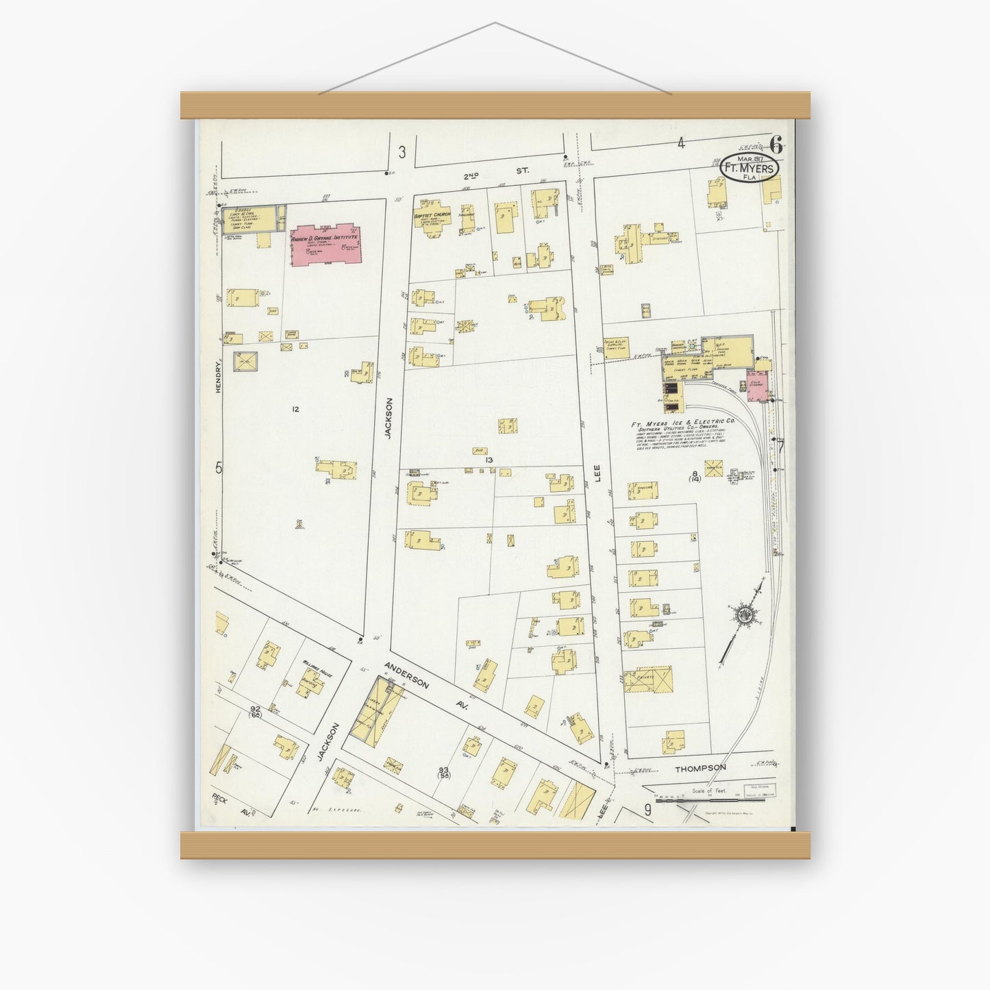 Old map wall art mockup — magnetic wood frame on white wall — Sanborn Fire Insurance Map from Fort Myers, Lee County, Florida (1917), Sheet #0006
