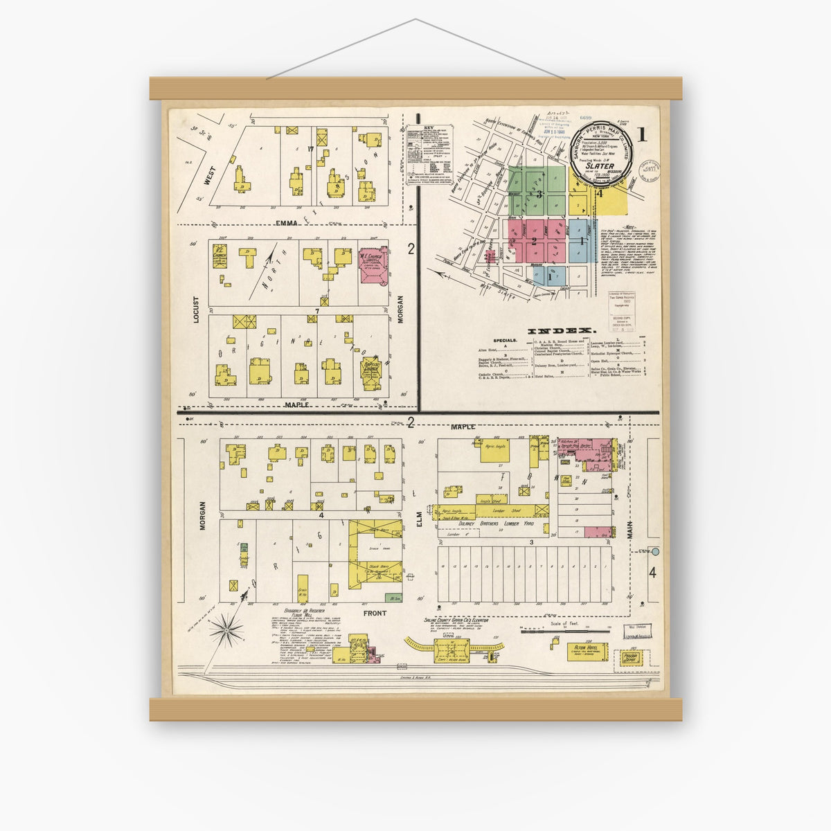 Old map wall art mockup — magnetic wood frame on white wall — Sanborn Fire Insurance Map from Slater, Saline County, Missouri (1900), Sheet #0001