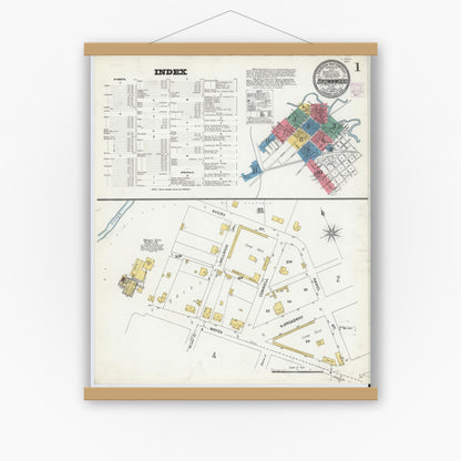Old map wall art mockup — magnetic wood frame on white wall — Sanborn Fire Insurance Map from Brownwood, Brown County, Texas (1904), Sheet #0001
