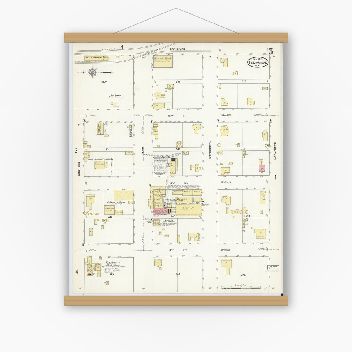 Old map wall art mockup — magnetic wood frame on white wall — Sanborn Fire Insurance Map from Hempstead, Waller County, Texas (1912), Sheet #0005