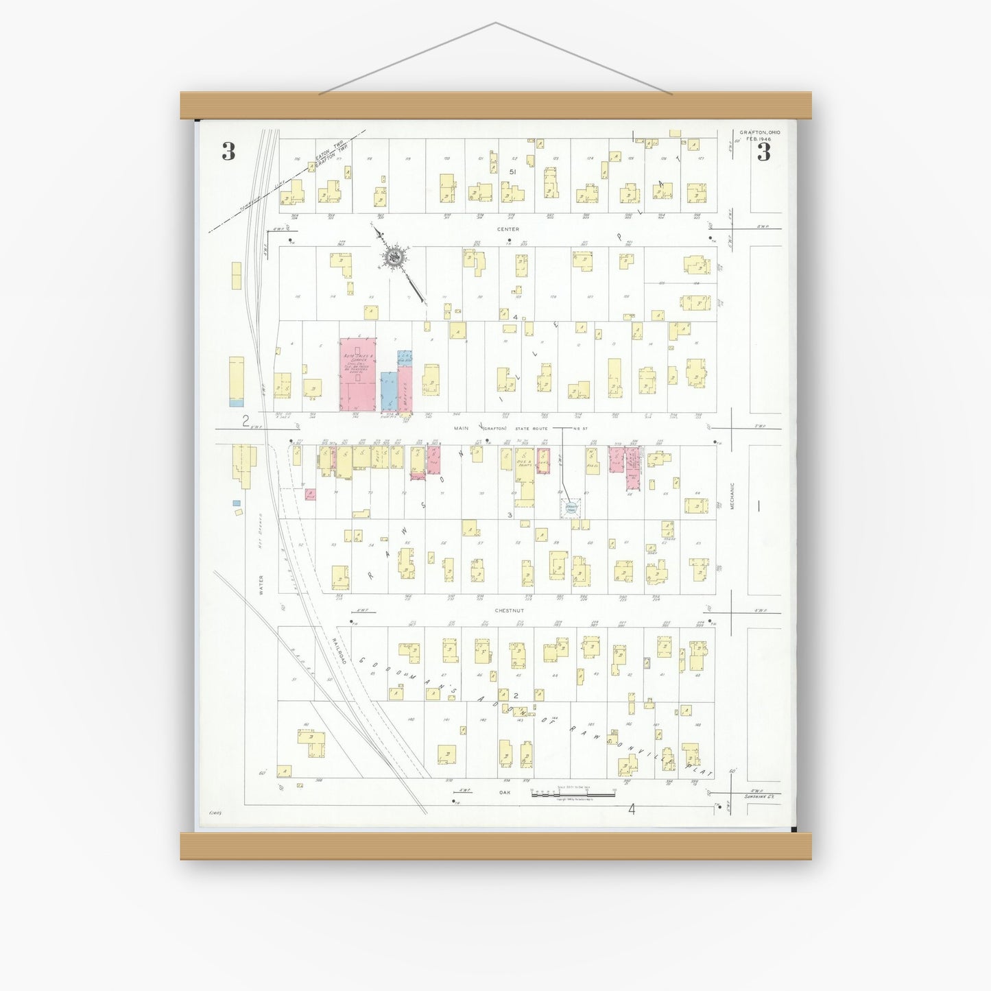 Old map wall art mockup — magnetic wood frame on white wall — Sanborn Fire Insurance Map from Grafton, Lorain County, Ohio (1946), Sheet #0003