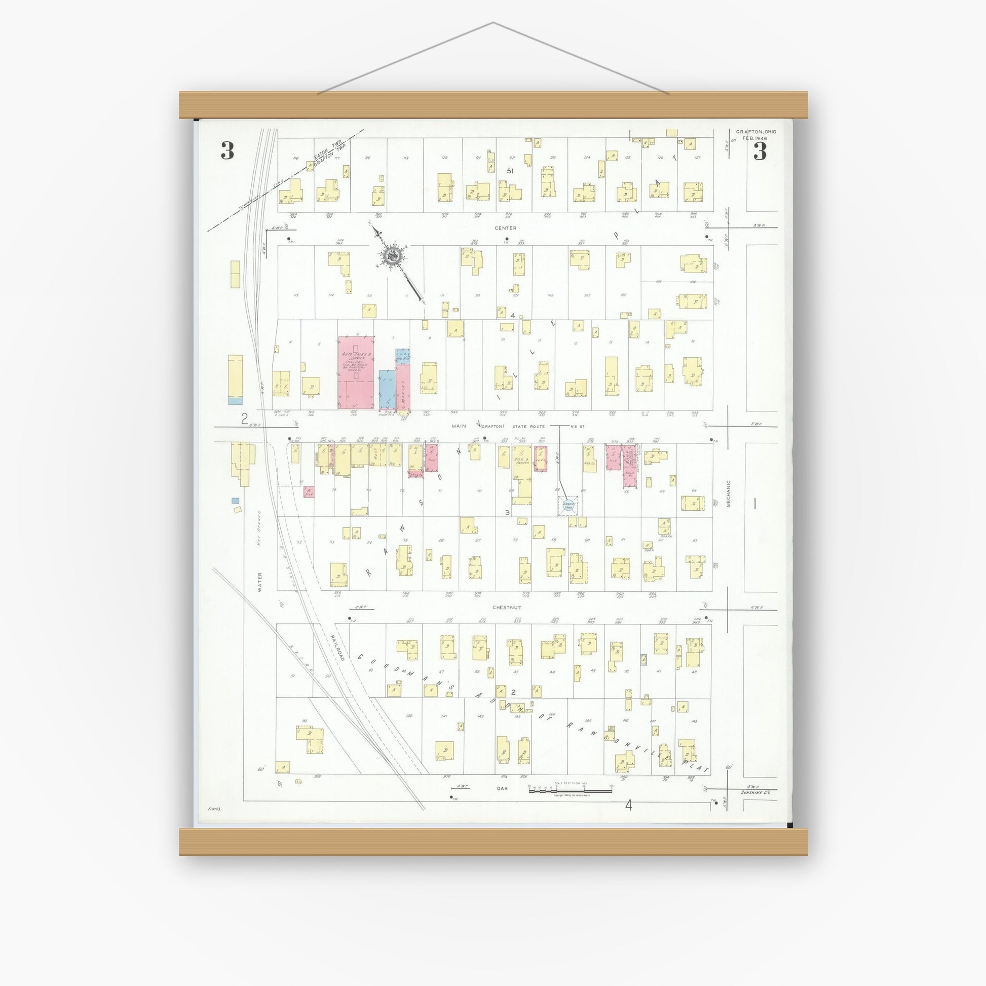 Old map wall art mockup — magnetic wood frame on white wall — Sanborn Fire Insurance Map from Grafton, Lorain County, Ohio (1946), Sheet #0003