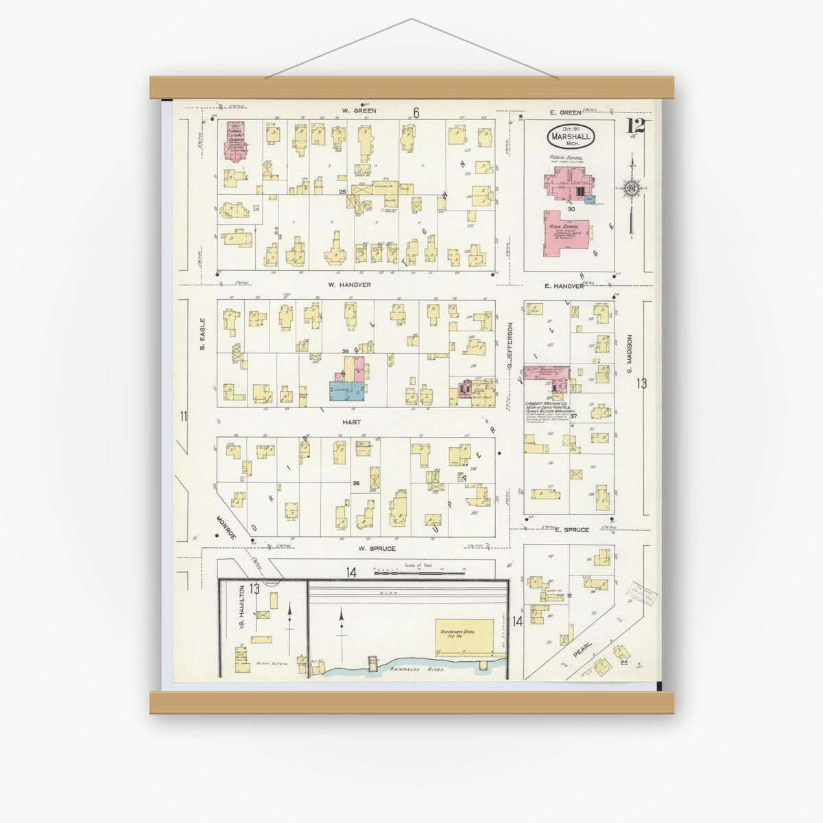 Old map wall art mockup — magnetic wood frame on white wall — Sanborn Fire Insurance Map from Marshall, Calhoun County, Michigan (1911), Sheet #0012