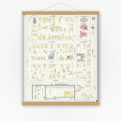 Old map wall art mockup — magnetic wood frame on white wall — Sanborn Fire Insurance Map from Marshall, Calhoun County, Michigan (1911), Sheet #0012