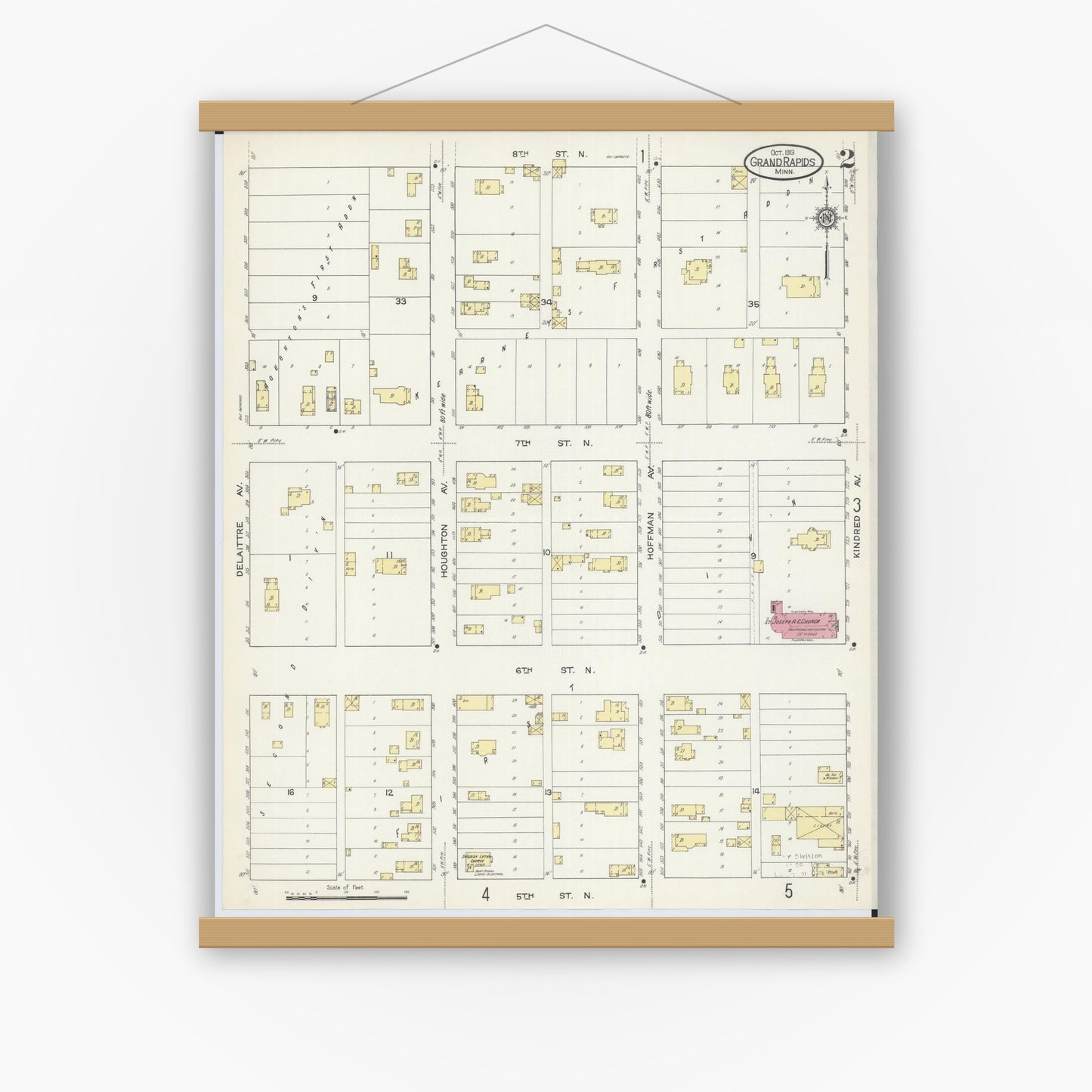 Old map wall art mockup — magnetic wood frame on white wall — Sanborn Fire Insurance Map from Grand Rapids, Itasca County, Minnesota (1913), Sheet #0002