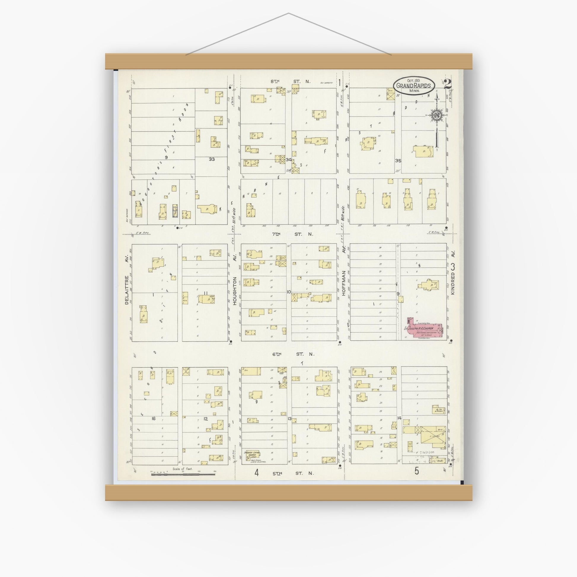 Old map wall art mockup — magnetic wood frame on white wall — Sanborn Fire Insurance Map from Grand Rapids, Itasca County, Minnesota (1913), Sheet #0002