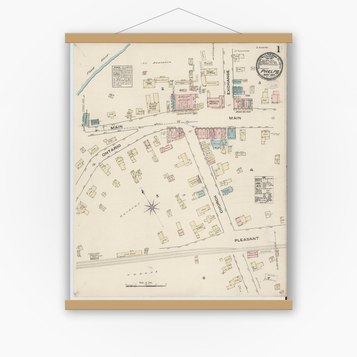 Old map wall art mockup — magnetic wood frame on white wall — Sanborn Fire Insurance Map from Phelps, Ontario County, New York (1884) - Complete Map Set