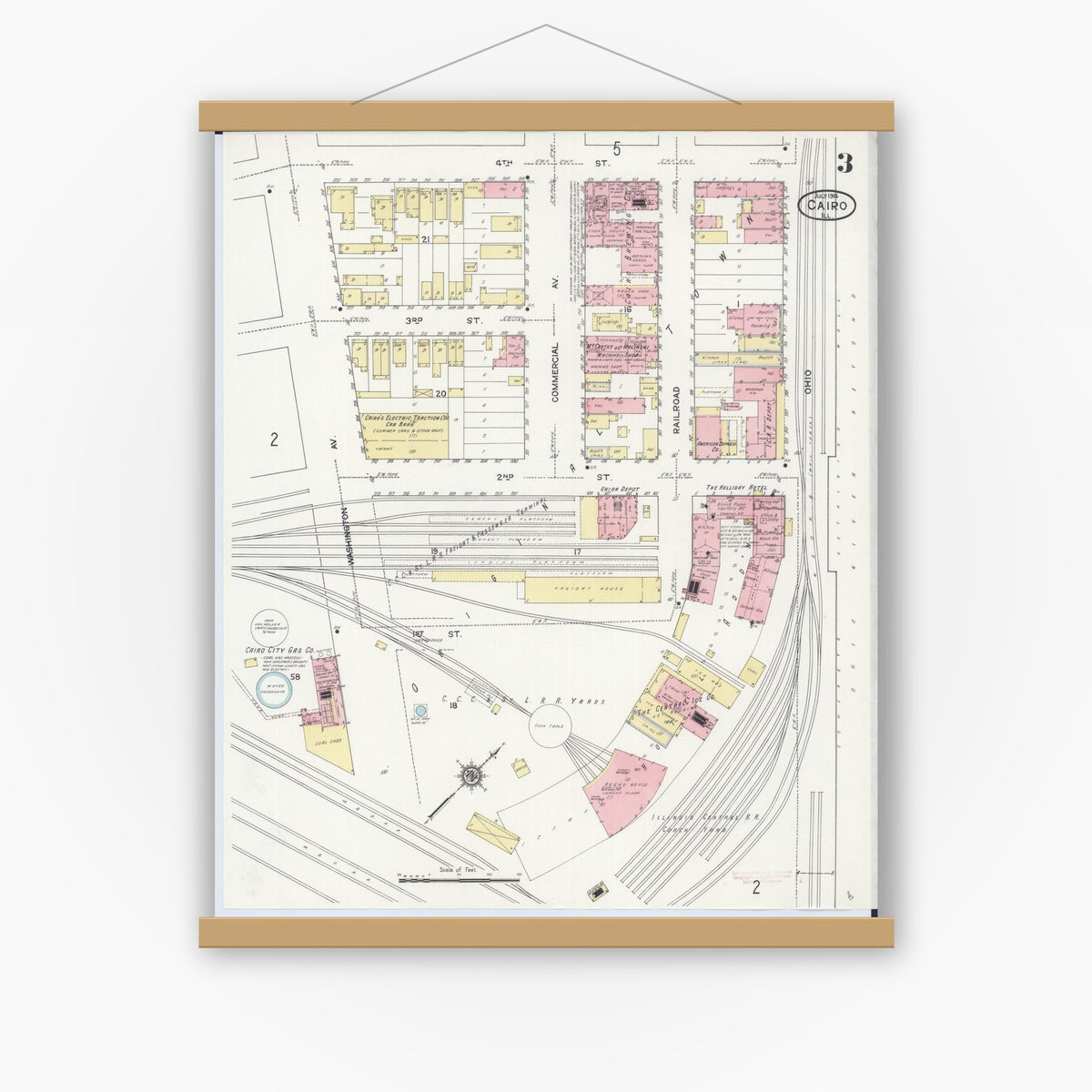 Old map wall art mockup — magnetic wood frame on white wall — Sanborn Fire Insurance Map from Cairo, Alexander County, Illinois (1914), Sheet #0003