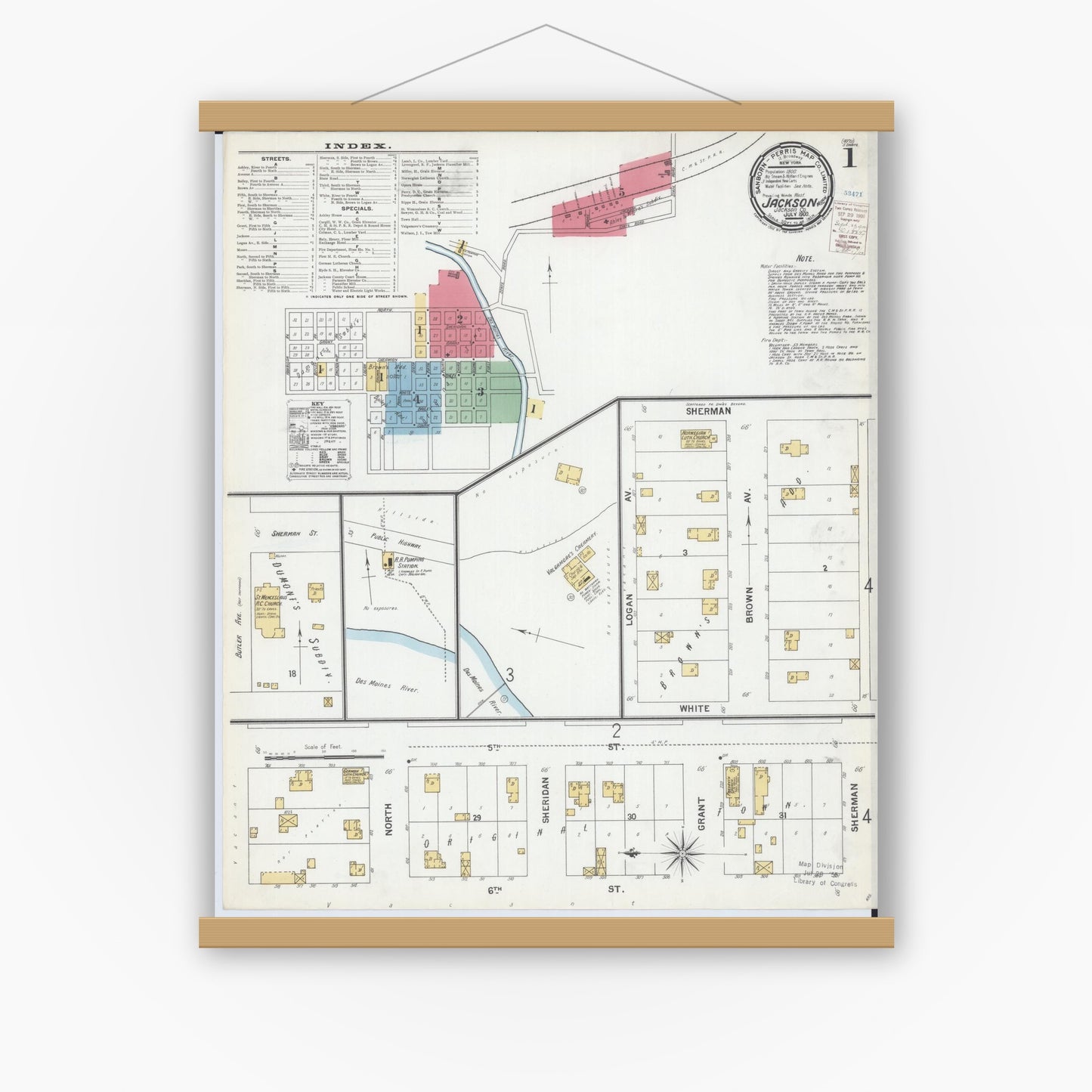 Old map wall art mockup — magnetic wood frame on white wall — Sanborn Fire Insurance Map from Jackson, Jackson County, Minnesota (1900) - Complete Map Set