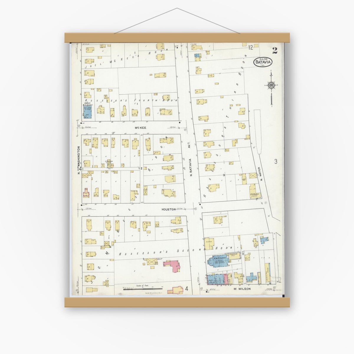 Old map wall art mockup — magnetic wood frame on white wall — Sanborn Fire Insurance Map from Batavia, Kane County, Illinois (1916), Sheet #0002