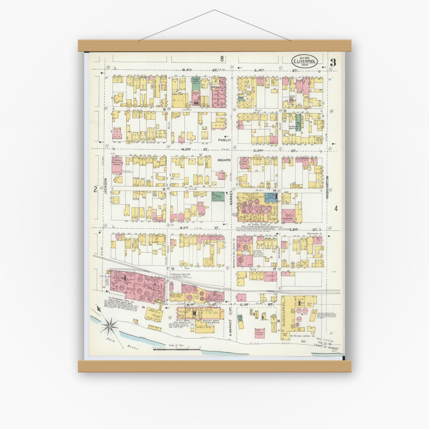 Old map wall art mockup — magnetic wood frame on white wall — Sanborn Fire Insurance Map from East Liverpool, Columbiana County, Ohio (1903), Sheet #0003