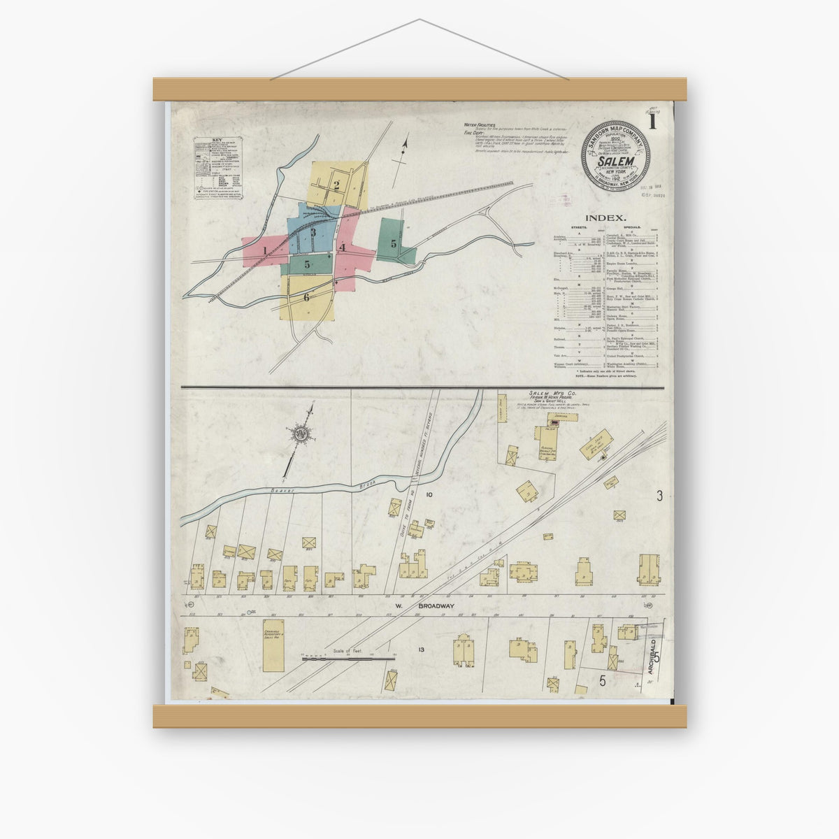Old map wall art mockup — magnetic wood frame on white wall — Sanborn Fire Insurance Map from Salem, Washington County, New York (1912) - Complete Map Set