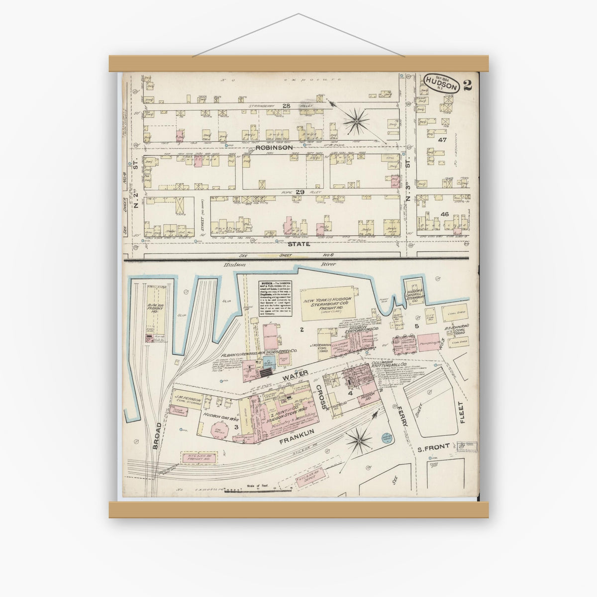 Old map wall art mockup — magnetic wood frame on white wall — Sanborn Fire Insurance Map from Hudson, Columbia County, New York (1884) - Complete Map Set