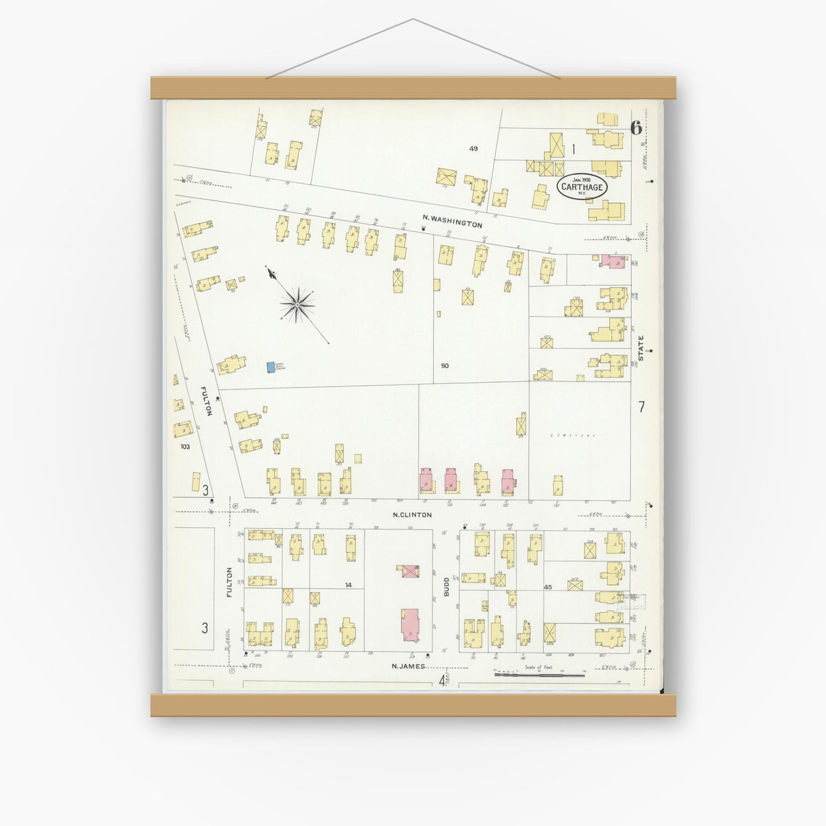Old map wall art mockup — magnetic wood frame on white wall — Sanborn Fire Insurance Map from Carthage, Jefferson County, New York (1908), Sheet #0006