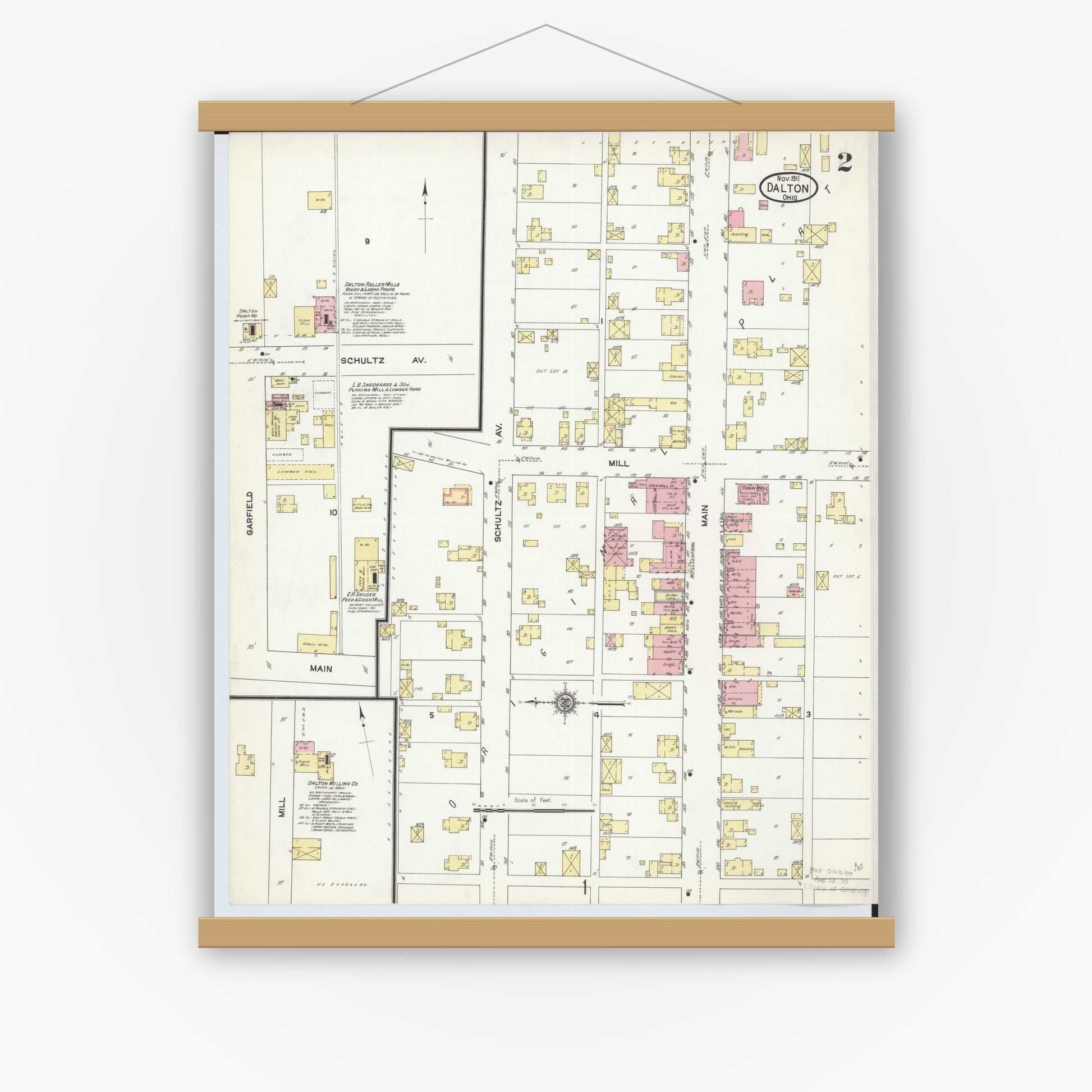 Old map wall art mockup — magnetic wood frame on white wall — Sanborn Fire Insurance Map from Dalton, Wayne County, Ohio (1911), Sheet #0002