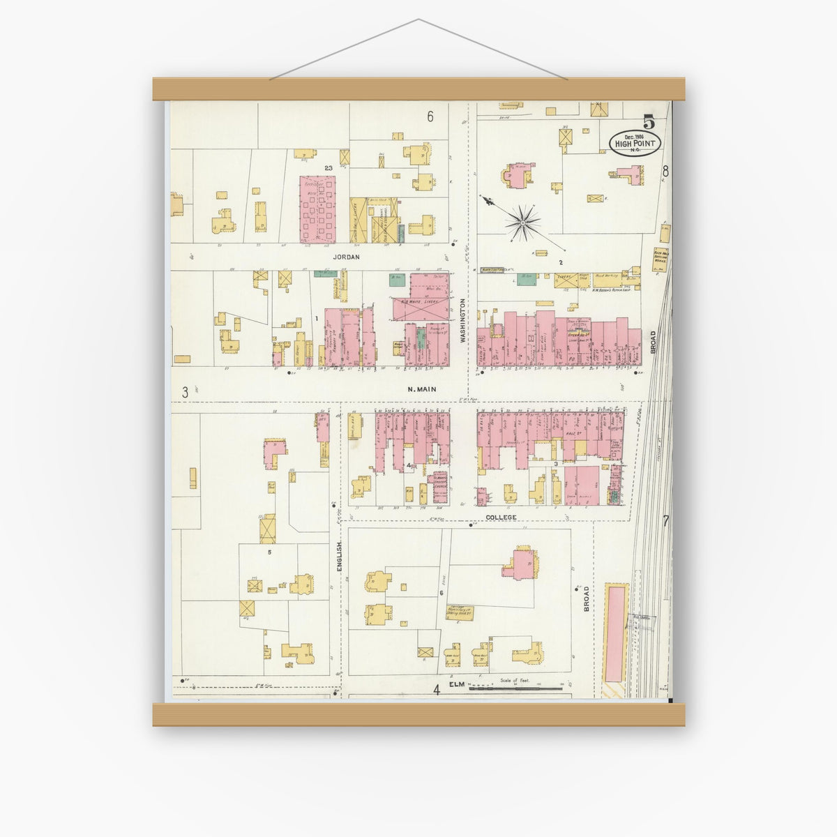 Old map wall art mockup — magnetic wood frame on white wall — Sanborn Fire Insurance Map from High Point, Guilford County, North Carolina (1906), Sheet #0005