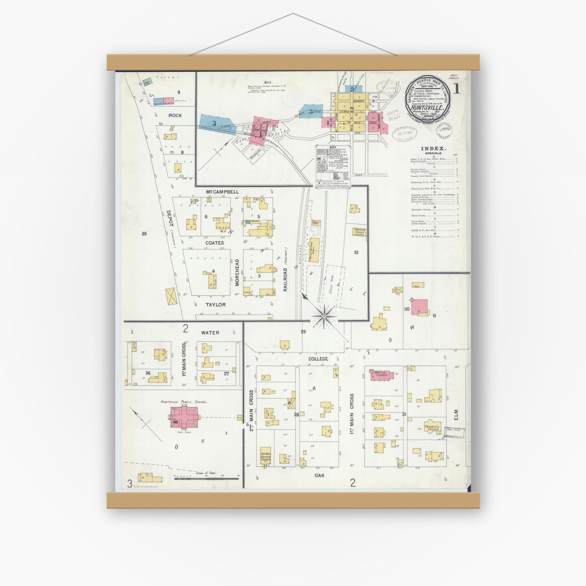 Old map wall art mockup — magnetic wood frame on white wall — Sanborn Fire Insurance Map from Huntsville, Randolph County, Missouri (1899) - Complete Map Set