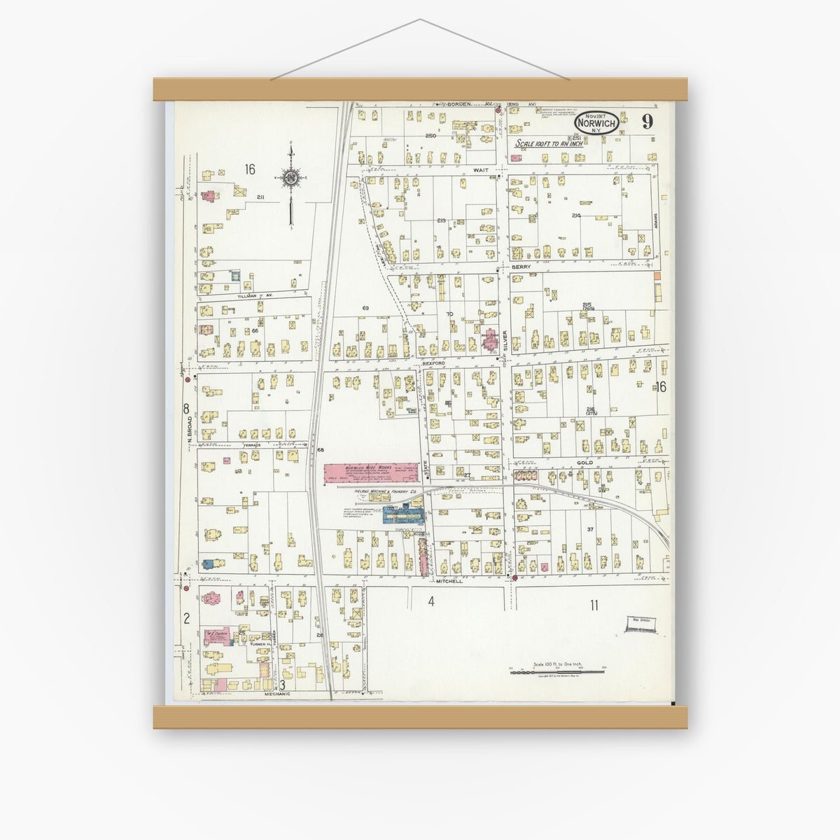 Old map wall art mockup — magnetic wood frame on white wall — Sanborn Fire Insurance Map from Norwich, Chenango County, New York (1917), Sheet #0009