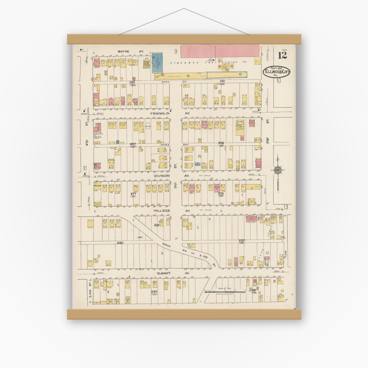 Old map wall art mockup — magnetic wood frame on white wall — Sanborn Fire Insurance Map from Ellwood City, Lawrence County, Pennsylvania (1921), Sheet #0012