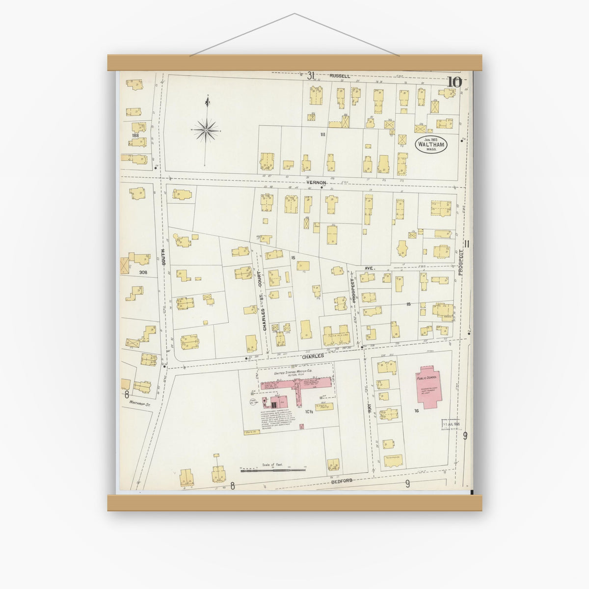 Old map wall art mockup — magnetic wood frame on white wall — Sanborn Fire Insurance Map from Waltham, Middlesex County, Massachusetts (1903), Sheet #0010